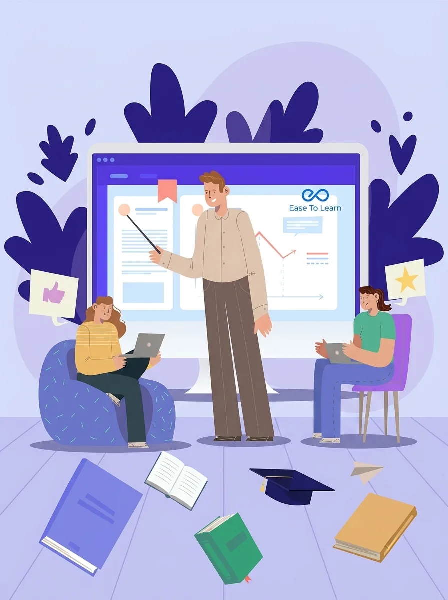 Illustration of a teacher presenting a dashboard on a large screen to two students