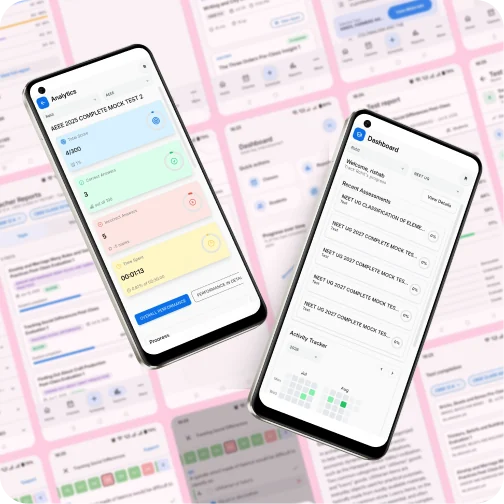 The ETL Parent App on two phones, showing a mock test analytics breakdown, and a dashboard of a child's recent assessments
