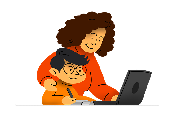 A parent leaning over their child's shoulder as the child works at a laptop