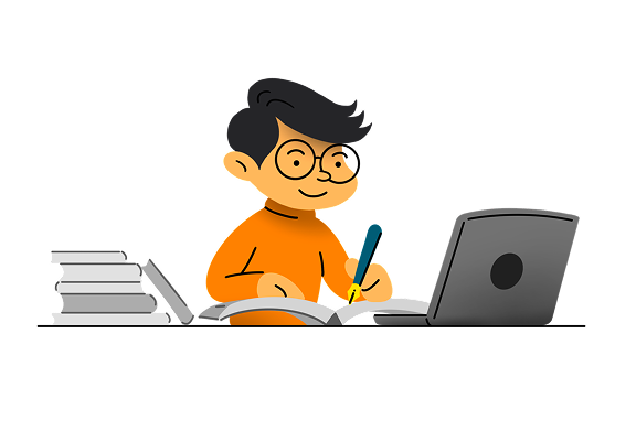 A student writing a full answer by hand beside a laptop and a stack of books