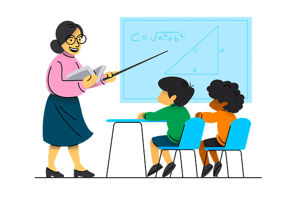 A teacher leaning over a desk, guiding a student through their notebook